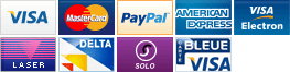 We accept VISA, MasterCard, PayPal, AMEX, VISA Electron, Laser, Delta and Solo