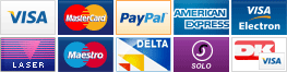 We accept VISA, MasterCard, PayPal, AMEX, VISA Electron, Laser, Maestro, Delta and Solo