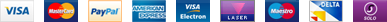 Visa, Mastercard, PayPal, American Express, Electron, Laser, Switch/Maestro, Delta, Solo
